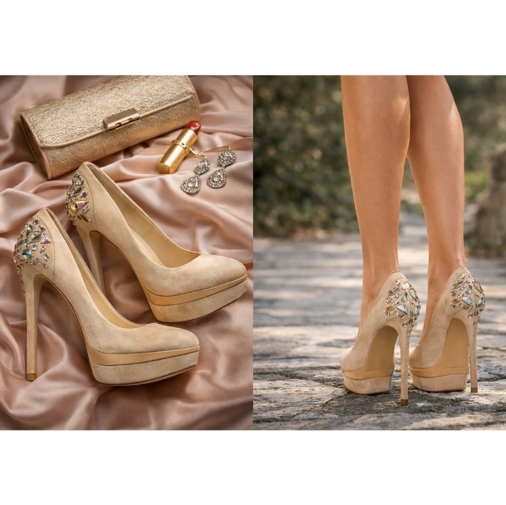 Brian Atwood Nude / Champagne suede Crystal Back Platform Heels stilettos 7